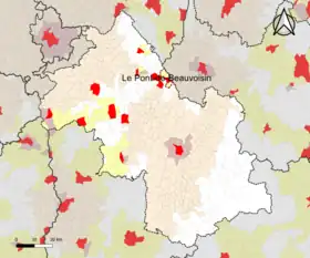 Localisation de l'aire d'attraction du Pont-de-Beauvoisin dans le département de l'Isère.