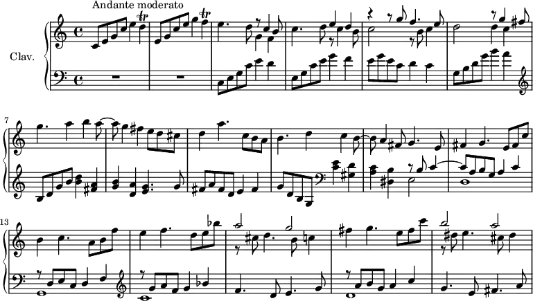 
\version "2.18.2"
\header {
  tagline = ##f
  % composer = "Domenico Scarlatti"
  % opus = "K. 86"
  % meter = "Andante moderato"
}
%% les petites notes
trillD      = { \tag #'print { d4\trill } \tag #'midi { e64 d e d~ d16~ d8 } }
trillF      = { \tag #'print { f4\trill } \tag #'midi { g64 f g f~ f16~ f8 } }
upper = \relative c'' {
  \clef treble 
  \key c \major
  \time 4/4
  \tempo 4 = 60
  \set Staff.midiInstrument = #"harpsichord"
  \override TupletBracket.bracket-visibility = ##f
      s8*0^\markup{Andante moderato}
      c,8 e g c e4 \trillD | e,8 g c e g4 \trillF | e4. d8 << { r8 c4 b8 } \\ { g4 f } >>
      % ms. 4
      c'4. d8 << { e4 d | r4 r8 g8 f4. e8 | s2 r8 g4 fis8 } \\ { r8 c4 b8 | c2 r8 b8 c4 | d2 d4 c } >> g'4. a4 b a8~ |
      % ms. 8
      a8 g4 fis e8 d cis | d4 a'4. c,8 b a | b4. d4 c b8~ | b a4 fis8 g4. e8 |
      % ms. 12
      fis4 g4. e8 fis c' | b4 c4. a8 b f' | e4 f4. d8 e bes' | << { a2 g } \\ { r8 cis,8 d4. b8 c4 } >>
      % ms. 16
      fis4 g4. e8 fis c' | << { b2 a } \\ { r8 dis,8 e4. cis8 dis4 } >> | % gis4
}
lower = \relative c' {
  \clef bass
  \key c \major
  \time 4/4
  \set Staff.midiInstrument = #"harpsichord"
  \override TupletBracket.bracket-visibility = ##f
    % ************************************** \appoggiatura a16  \repeat unfold 2 {  } \times 2/3 { }   \omit TupletNumber 
      R1*2 | c,8 e g c e4 d4 |
      % ms. 4
      e,8 g c e g4 f4 | e8 g e c d4 c | g8 b d g b4 a |   \clef treble  b,8 d g b < b d >4 < fis a > |
      % ms. 8
      < g b >4 < d a' > < e g >4. g8 | fis a fis d e4 fis | g8 d b g   \clef bass < c e >4 < gis d' > | < a c > < dis, b' > << { r8 b'8 c4~ | c8 a b g a4 c } \\ { e,2 | d1 } >>
      % ms. 13
      << { r8 d8 e c d4 f } \\ { g,1 } >>  | \clef treble << { r8 g''8 a f g4 bes } \\ { c,1 } >> | f4. d8 e4. g8 |
      % ms. 16
      << { r8 a8 b g a4 c } \\ { d,1 } >>  | g4. e8 fis4. a8 | 
}
thePianoStaff = \new PianoStaff <<
    \set PianoStaff.instrumentName = #"Clav."
    \new Staff = "upper" \upper
    \new Staff = "lower" \lower
  >>
\score {
  \keepWithTag #'print \thePianoStaff
  \layout {
      #(layout-set-staff-size 17)
    \context {
      \Score
     \override SpacingSpanner.common-shortest-duration = #(ly:make-moment 1/2)
      \remove "Metronome_mark_engraver"
    }
  }
}
\score {
  \keepWithTag #'midi \thePianoStaff
  \midi { }
}
