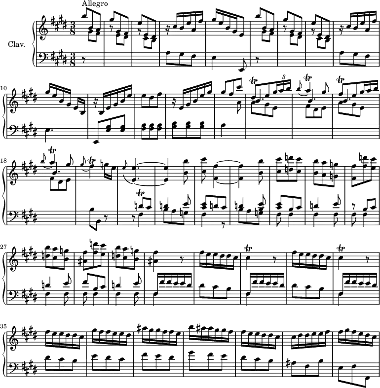 
\version "2.18.2"
\header {
  tagline = ##f
  % composer = "Domenico Scarlatti"
  % opus = "K. 136"
  % meter = "Allegro"
}
%% les petites notes
trillDisqDown  = { \tag #'print { dis,8\trill } \tag #'midi { e32 dis e dis } }
trillA         = { \tag #'print { a4\trill } \tag #'midi { b32 a b a~ a8 } }
trillFisq      = { \tag #'print { fis8\trill } \tag #'midi { gis32 fis gis fis } }
trillFis       = { \tag #'print { fis4\trill } \tag #'midi { gis32 fis gis fis~ fis8 } }
trillCis       = { \tag #'print { cis4\trill } \tag #'midi { dis32 cis dis cis~ cis8 } }
trillDqUp      = { \tag #'print { d'8\trill } \tag #'midi { e32 d e d } }
upper = \relative c'' {
  \clef treble 
  \key e \major
  \time 3/8
  \tempo 4. = 72
  \set Staff.midiInstrument = #"harpsichord"
  \override TupletBracket.bracket-visibility = ##f
      s8*0^\markup{Allegro}
      \stemUp b'8 b, a | gis' gis, fis | e' e, dis | r16 cis'16 b e a, fis' | gis e b gis e8 | b''8 b, a |
      % ms. 7
      gis' gis, fis | e' e, dis | r16 cis'16 b e a, fis' | gis e b gis e[ b] | r16 b16 e gis b e | \stemNeutral e8 dis fis | \stemUp
      % ms. 13
      r16 e,16 gis b e gis | gis8 fis cis' | \trillDisqDown e8 \times 2/3 { gis16 a b }   \omit TupletNumber | \appoggiatura b8 \trillA gis8 | \trillFisq e8  \times 2/3 { gis16 a b } | \appoggiatura b8 \trillA gis8 | \stemNeutral \appoggiatura gis8 \trillFis g16 e |
      % ms. 20
      \appoggiatura e8 < e, e' >4.~ | q4 < b' b' >8 < cis cis' >8 < fis, fis' >4~ | q4 < b b' >8 | < cis cis' > < d d' > < cis cis' > < b b' > < a a' > < g g' > < fis fis' > < fis' d' > < e cis' > |
      % ms. 27
      < d b' >8 < cis a' > < b g' > | < ais fis' > < fis' d' > < e cis' > |  < d b' >8 < cis a' > < b g' > | < ais fis' >4 r8 | \repeat unfold 2 { fis'16 e e dis dis cis | \trillCis r8 } | 
      % ms. 35
      fis16 e e dis dis cis | gis' fis fis e e dis | ais' gis gis fis fis e | b' ais ais gis gis fis |
      % ms. 29
      fis16 e e dis dis cis | cis dis dis e e fis | fis gis fis e dis cis | 
}
lower = \relative c' {
  \clef bass
  \key e \major
  \time 3/8
  \set Staff.midiInstrument = #"harpsichord"
  \override TupletBracket.bracket-visibility = ##f
    % ************************************** \appoggiatura a16  \repeat unfold 2 {  } \times 2/3 { }   \omit TupletNumber 
      r8 \stemDown \change Staff = "upper"  gis'8 fis r8 e dis | r8 cis b | \stemNeutral \change Staff = "lower" a8 gis fis | e4 e,8 | r8 \stemDown \change Staff = "upper"  gis''8 fis | 
      % ms. 7
      r8 e8 dis | r8 cis b |  \stemNeutral \change Staff = "lower" a8 gis fis | e4. | e,8 < e' gis >8 q | < fis a > q q
      % ms. 13
      < gis b >8 q q | a4 \stemDown \change Staff = "upper" a'8 \repeat unfold 2 { << { \shiftOn b4. b } \\ { a8 gis e | fis dis e } >> } \stemNeutral \change Staff = "lower" b8 b, r8 |
      % ms. 20
      r8 << { \trillDqUp cis8 | d4 e8 | < cis e > d cis | d4 < b e >8 | < cis e > b cis | d4 e8 | r8 b8 cis } 
      \\ { fis,4 | b8 a g | fis4 r8 | b8 a g | fis8 fis4 | fis4 fis8 | fis fis4 } >>
      % ms. 27
      << { d'4 e8 | fis b, cis | d4 e8 | fis,16 fis' fis e e dis } \\ { fis,4 fis8 | fis fis4 | fis fis8 | fis4 } >> | dis'8 cis b | \repeat unfold 2 { << { fis16 fis' fis e e dis } \\ { fis,4 } >> dis'8 cis b } | 
      % ms. 36
      e8 dis cis | fis e dis | gis fis e |
      % ms. 39
      dis8 cis b | ais fis b | e, fis fis, |
}
thePianoStaff = \new PianoStaff <<
    \set PianoStaff.instrumentName = #"Clav."
    \new Staff = "upper" \upper
    \new Staff = "lower" \lower
  >>
\score {
  \keepWithTag #'print \thePianoStaff
  \layout {
      #(layout-set-staff-size 17)
    \context {
      \Score
     \override SpacingSpanner.common-shortest-duration = #(ly:make-moment 1/2)
      \remove "Metronome_mark_engraver"
    }
  }
}
\score {
  \keepWithTag #'midi \thePianoStaff
  \midi { }
}
