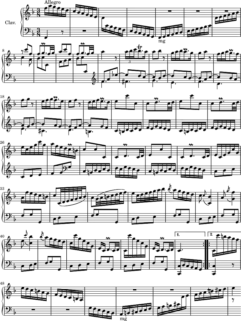 
\version "2.18.2"
\header {
  tagline = ##f
  % composer = "Domenico Scarlatti"
  % opus = "K. 506"
  % meter = "Allegro"
}
%% les petites notes
trillGqp     = { \tag #'print { g8.\prall } \tag #'midi { \times 2/3 { a16 g a } g16 } }
trillBesqp   = { \tag #'print { bes8.\trill } \tag #'midi { \times 2/3 { c16 bes c } bes16 } }
trillDqp     = { \tag #'print { d8.\prall } \tag #'midi { \times 2/3 { e16 d e } d16 } }
trillCqq     = { \tag #'print { c16\prall } \tag #'midi { \times 2/3 { c32 d c } } }
trillEqp     = { \tag #'print { e8.\prall } \tag #'midi { \times 2/3 { f16 e f } e16 } }
trillFqp     = { \tag #'print { f8.\prall } \tag #'midi { \times 2/3 { g16 f g } f16 } }
trillGqp     = { \tag #'print { g8.\prall } \tag #'midi { \times 2/3 { a16 g a } g16 } }
upper = \relative c'' {
  \clef treble 
  \key f \major
  \time 3/8
  \tempo 4. = 72
  \set Staff.midiInstrument = #"harpsichord"
  \override TupletBracket.bracket-visibility = ##f
  \repeat volta 2 {
      s8*0^\markup{Allegro}
      f16 a g f e d | c bes a g f e | s4. | s4. | R4.*3 | \stemUp
      % ms. 8
      r8 c''8 f, | f \trillGqp f32 g | a8 c f, | f \trillGqp  f32 g \stemNeutral | a4 r8 | \times 2/3 { a16 bes c } \trillBesqp a16 |
      % ms. 14
      a8 bes r8 | \omit TupletNumber \times 2/3 { g16 a bes } a8.\prall g16 | g8 a r8 | \times 2/3 { f16 g a } \trillGqp f16 | f8 g r8 | \times 2/3 { e16 f g } \trillFqp e16 | e8 f r8 |
      % ms. 21
      \times 2/3 { d16 e f } \trillEqp d16 | \repeat unfold 2 { e8 c' c, | c \trillDqp c32 d } | e16 c e g c g |
      % ms. 27
      a16 f e d \trillCqq b | c8 c c, | c \trillDqp c32 d | e8 c' c, | c \trillDqp c32 d | e16 c e g c g | 
      % ms. 33
      a16 f' e d c b | c8 c,32( d e f g a bes16) | a8 g32( a b c d e f16) | e8 c32 d e f g a bes16 | \acciaccatura bes8 a8 g16 f e d | c8 \appoggiatura c8 < c, bes' >4 
      % ms. 39
      a'8 \acciaccatura g'8 < g, f' >4 | e'8 \appoggiatura c'8 < c, bes' >4 | \acciaccatura bes'8 a8 g16 f e d | c c' g e c g | e[ c] d8.\prall c32 d | c16 c'' g e c g |
      % ms. 45
      e16[ c] d8.\prall c32 d }%repet
      \alternative {
          { c4. \bar ":..:" }
          { c16 c'' b a g f }
      }
      % ms. 47
        e16 d c b a g | f e d c b a | s4. | R4.*3 | r8 s8
}
lower = \relative c' {
  \clef bass
  \key f \major
  \time 3/8
  \set Staff.midiInstrument = #"harpsichord"
  \override TupletBracket.bracket-visibility = ##f
  \repeat volta 2 {
    % ************************************** \appoggiatura a16  \repeat unfold 2 {  } \times 2/3 { }   \omit TupletNumber 
      f,,4 r8 | R4. | \stemDown \change Staff = "upper" d''16 \stemNeutral \change Staff = "lower" c bes a g f | e d c bes a g | f-\markup{mg} g a bes c d | e f g a bes c | \stemDown \change Staff = "upper"  
      % ms. 7
      d16 e f g a bes | c4 a8 | bes c c, | f g a | bes c \stemNeutral \change Staff = "lower" c,  \clef treble |
      << { f8 a ees'~ | ees d c~ | c bes d~ | d c bes~ | bes a c~ | c bes a~ | a g bes~ | bes a g~ | g f a~ | a g f } 
      \\ { \mergeDifferentlyDottedOn f4. fis | g e f d e cis d | b } >>
      % ms. 22
      \repeat unfold 2 { c16 b d c e d | f e g f e d } | c8 d e |
      % ms. 27
      f8 g \clef bass g, | \stemNeutral \change Staff = "lower" \repeat unfold 2 { c,16 b d c e d | f e g f e d } | \repeat unfold 7 { c8 d e |
      % ms. 33
      f8 g g, } | 
      % ms. 46
      }%repet
      \alternative {
          { < c, c' >16 d' c bes a g }
          { < c, c' >4 r8 }
      }
      R4.*2 | g''16 f e d c bes |
      % ms. 51
      a16-\markup{mg} b cis d e f | g a b cis \stemDown \change Staff = "upper"  d e | f g a b cis d | e4
}
thePianoStaff = \new PianoStaff <<
    \set PianoStaff.instrumentName = #"Clav."
    \new Staff = "upper" \upper
    \new Staff = "lower" \lower
  >>
\score {
  \keepWithTag #'print \thePianoStaff
  \layout {
      #(layout-set-staff-size 17)
    \context {
      \Score
     \override SpacingSpanner.common-shortest-duration = #(ly:make-moment 1/2)
      \remove "Metronome_mark_engraver"
    }
  }
}
\score {
  \unfoldRepeats
  \keepWithTag #'midi \thePianoStaff
  \midi { }
}
