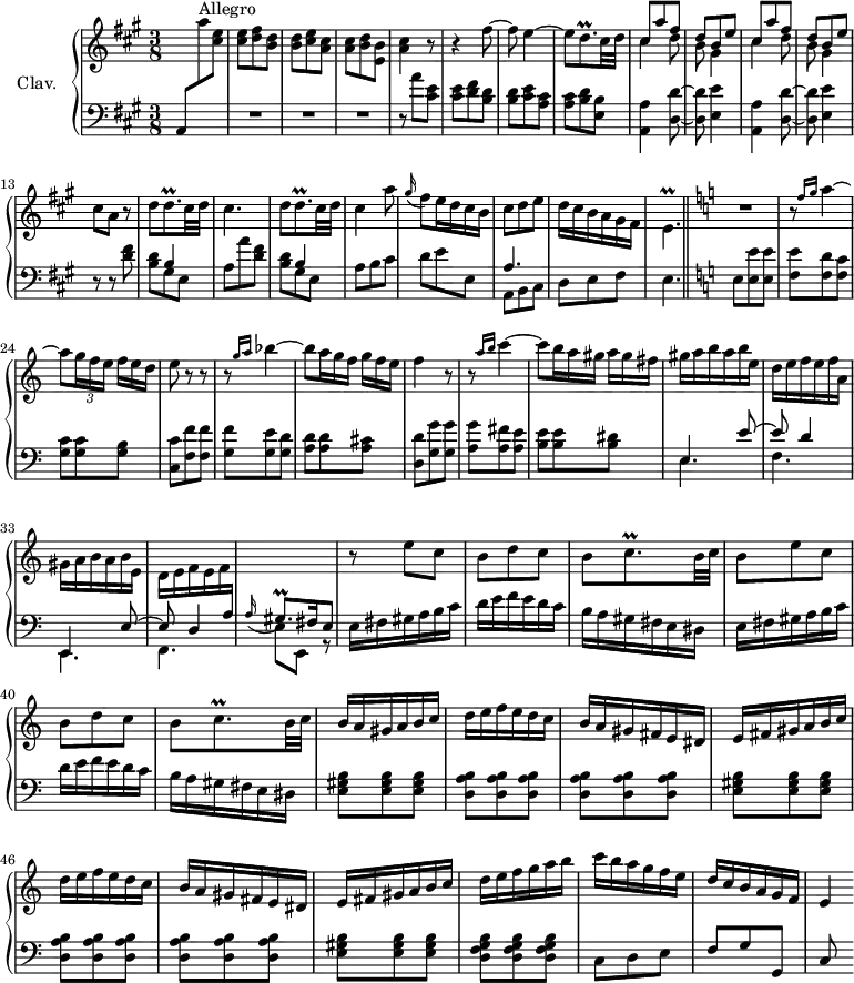 
\version "2.18.2"
\header {
  tagline = ##f
  % composer = "Domenico Scarlatti"
  % opus = "K. 220"
  % meter = "Allegro"
}
%% les petites notes
trillDqp         = { \tag #'print { d8.\prall } \tag #'midi { e32 d e d~ d16 } }
trillEp          = { \tag #'print { e4.\prall } \tag #'midi { fis32 e fis e~ e4 } }
trillGisqpAppo   = { \tag #'print { \appoggiatura a16 gis8.\prall } \tag #'midi { a32 gis a gis~ gis16 } }
trillCqp         = { \tag #'print { c8.\prall } \tag #'midi { d32 c d c~ c16 } }
upper = \relative c'' {
  \clef treble 
  \key a \major
  \time 3/8
  \tempo 4. = 80
  \set Staff.midiInstrument = #"harpsichord"
  \override TupletBracket.bracket-visibility = ##f
      \stemUp \change Staff = "lower" a,,8 \stemDown \change Staff = "upper" a'''8^\markup{Allegro} < cis, e >8 | q < d fis >8 < b d > | q < cis e > < a cis > | q < b d > < e, b' > | < a cis >4 r8 | r4 fis'8~ | fis e4~ | 
      % ms. 8
      e8 \trillDqp cis32 d | \repeat unfold 2 { << { cis8 a' fis | d b e } \\ { cis4 d8 | b8 gis4 } >> } | cis8 a r8 |  d8 \trillDqp cis32 d |
      % ms. 15
      cis4. | d8 \trillDqp cis32 d | cis4 a'8 | \appoggiatura gis16 fis8 e16 d cis b | cis8 d e | d16 cis b a gis fis | \trillEp   | \key c \major
      % ms. 22
      R4. | r8 \grace {   \tempo 4. = 44 f'16 g }   \tempo 4. = 72 a4~ | a8[ \times 2/3 { g16 f e] }   \omit TupletNumber \times 2/3 { f e d } | e8 r8 r8 | r8 \grace {   \tempo 4. = 44 g16 a }   \tempo 4. = 72 bes4~ | bes8[ \times 2/3 { a16 g f] }  \times 2/3 { g f e } |
      % ms. 28
       f4 r8 | r8 \grace { \tempo 4. = 44 a16 b }   \tempo 4. = 72 c4~ | c8[ \times 2/3 { b16 a gis] }  \times 2/3 { a gis fis } | gis16 a b a b e, | d e f e f a, | gis a b a b e, |
      % ms. 34
      d16 e f e f \stemUp \change Staff = "lower" a, | \trillGisqpAppo fis16 e8 | \stemNeutral \change Staff = "upper" r8 e''8 c | b d c | b \trillCqp b32 c | b8 e c |
      % ms. 40
      b d c | b \trillCqp b32 c | b16 a gis a b c  | \repeat unfold 2 { d e f e d c | b a gis fis e dis |
      % ms. 45
      e16 fis gis a b c } | d16 e f g a b | c b a g f e |
      % ms. 51
      d16 c b a g f | e4
}
lower = \relative c' {
  \clef bass
  \key a \major
  \time 3/8
  \set Staff.midiInstrument = #"harpsichord"
  \override TupletBracket.bracket-visibility = ##f
    % ************************************** \appoggiatura a8  \repeat unfold 2 {  } \times 2/3 { }   \omit TupletNumber 
      s4.  | R4.*3 | r8 a' < cis, e > | q < d fis >8 < b d > | q < cis e > < a cis > |
      % ms. 8
      < a cis >8 < b d > < e, b' > | \repeat unfold 2 { < a, a' >4 < d d' >8~ | q < e e' >4 } | r8 r8 < d' fis >8 | << { s8 b4 } \\ { < b d >8 gis e } >>
      % ms. 15
      a8 a' < d, fis >8 << { s8 b4 } \\ { < b d >8 gis e } >> | a8 b cis | d e e, | << { a4. } \\ { a,8 b cis } >> | d e fis | e4. \bar "||"   \key c \major
      % ms. 22
      e8 < e e' > q | < f e' > < f d' > < f c' > | < g c > q < g b > | < c, c' > < f f' > q | < g f' > < g e' > < g d' > | < a d > q < a cis > |
      % ms. 28
      < d, d' >8 < g g' > q | < a g' > < a fis' > < a e' > | < b e > q < b dis > | << { \mergeDifferentlyDottedOn e,4 e'8~ | e d4 | e,,4 e'8~ | e d4 } \\ { e4. f e, f } >>
      % ms. 35
      \stemDown e'8 e, r8 | \stemNeutral \repeat unfold 2 { e'16 fis gis a b c | d16 e f e d c | b a gis fis e dis } | \repeat unfold 2 { \repeat unfold 3 { < e gis b >8 } | \repeat unfold 6 { < d a' b >8 } } |
      % ms. 48
      < e gis b >8 q q |  < d f g b >8 q q | c8 d e |
      % ms. 51
      f8  g g, | c
}
thePianoStaff = \new PianoStaff <<
    \set PianoStaff.instrumentName = #"Clav."
    \new Staff = "upper" \upper
    \new Staff = "lower" \lower
  >>
\score {
  \keepWithTag #'print \thePianoStaff
  \layout {
      #(layout-set-staff-size 17)
    \context {
      \Score
     \override SpacingSpanner.common-shortest-duration = #(ly:make-moment 1/2)
      \remove "Metronome_mark_engraver"
    }
  }
}
\score {
  \keepWithTag #'midi \thePianoStaff
  \midi { }
}
