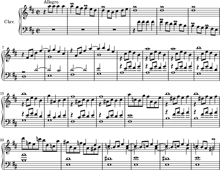 
\version "2.18.2"
\header {
  tagline = ##f
  % composer = "Domenico Scarlatti"
  % opus = "K. 443"
  % meter = "Allegro"
}
%% les petites notes
trillFis       = { \tag #'print { fis4\prall } \tag #'midi { g32 fis g fis~ fis8 } }
trillD         = { \tag #'print { d4\prall } \tag #'midi { e32 d e d~ d8 } }
trillA         = { \tag #'print { a4\prall } \tag #'midi { b32 a b a~ a8 } }
trillFis       = { \tag #'print { fis4\prall } \tag #'midi { g32 fis g fis~ fis8 } }
trillB         = { \tag #'print { b4\prall } \tag #'midi { cis32 b cis b~ b8 } }
trillG         = { \tag #'print { g4\prall } \tag #'midi { a32 g a g~ g8 } }
%trillDr        = { \tag #'print { d1\prall } \tag #'midi { \repeat unfold 8 { e16 d } } }
trillDr        = { \tag #'print { d1\prall } \tag #'midi { e32 d e d e d~ d16~ d2. } }
trillBb        = { \tag #'print { b2\prall } \tag #'midi { c32 b c b~ b8~ b4 } }
upper = \relative c'' {
  \clef treble 
  \key d \major
  \time 2/2
  \tempo 2 = 76
  \set Staff.midiInstrument = #"harpsichord"
  \override TupletBracket.bracket-visibility = ##f
      s8*0^\markup{Allegro}
      r4 a'8 a a4 a | \trillA g8  fis \trillFis e8 d | \trillD cis8 b cis4 d8 e | \repeat unfold 3 { \trillDr }
      % ms. 7
      r4 fis,8 a d4 << { fis4~ | fis g e cis | r4 a8 d fis4 a~ | a b g e } \\ { s4 g,1 s1 | b1 } >>
      % ms. 11
      << { s1 | a'1 a b b } \\ { \repeat unfold 5 { r4 cis,8 e d4 b } } >>
      % ms. 16
      g'4 ais,b cis << { fis1 fis } \\ { \repeat unfold 2 { r4 ais,8 cis b4 cis } } >> | a'8 c, b g' fis a, g e' | 
      % ms. 20
      << { b'1 b } \\ { \repeat unfold 2 { r4 dis,8 fis e4 fis } } >> | d'8 f, e c' b d, c a' | gis b, a f' 
      << { e4 d | c b8 c e4 c~ | c4 b8 c e4 c4~ | c b8 c e4 d | c b8 a \trillBb } 
      \\ { e8 a, gis b | a2. a4~ | a2. a4~ a2. a4 a2 gis } >>
      % ms. 25
}
lower = \relative c' {
  \clef bass
  \key d \major
  \time 2/2
  \set Staff.midiInstrument = #"harpsichord"
  \override TupletBracket.bracket-visibility = ##f
    % ************************************** \appoggiatura \repeat unfold 2 {  } \times 2/3 { }
      R1*3 | r4 fis8 fis fis4 fis | \trillFis e8 d \trillD cis8 b | \trillB a8 g \trillG fis8 e |
      % ms. 7
      << { r2 d'2~ | d cis | d2~ | d e } \\ { d,1 e fis g } >>
      % ms. 11
      << { \repeat unfold 3 { r4 e'8 g fis4 g } | \repeat unfold 2 { r4 e8 g fis4 d } } \\ { a1 a a g g } >>
      % ms. 16
      << { e'4 cis d e |  \repeat unfold 2 { r4 cis8 e d4 e } | e1 } \\ { g,1 fis fis fis } >>
      % ms. 20
      << { \repeat unfold 2 { r4 fis'8 a g4 a } | a1 d, dis } \\ { b1 b b e, e } >>
      % ms. 25
      < e e' >1 < e dis' > < e e' >
}
thePianoStaff = \new PianoStaff <<
    \set PianoStaff.instrumentName = #"Clav."
    \new Staff = "upper" \upper
    \new Staff = "lower" \lower
  >>
\score {
  \keepWithTag #'print \thePianoStaff
  \layout {
      #(layout-set-staff-size 17)
    \context {
      \Score
     \override SpacingSpanner.common-shortest-duration = #(ly:make-moment 1/2)
      \remove "Metronome_mark_engraver"
    }
  }
}
\score {
  \keepWithTag #'midi \thePianoStaff
  \midi { }
}
