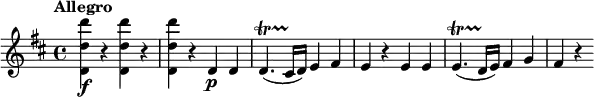 
\relative c' {
  \tempo "Allegro"
  \version "2.18.2"
  \key d \major
  <d d' d'>4\f r q r |
  q4 r d\p d |
  d4.\startTrillSpan( cis16\stopTrillSpan d) e4 fis |
  e4 r e e |
  e4.\startTrillSpan( d16\stopTrillSpan e) fis4 g |
  fis4 r
}
