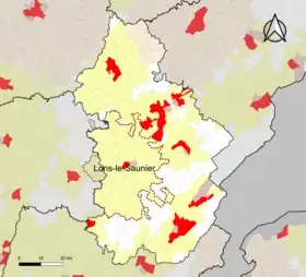 Localisation de l'aire d'attraction de Lons-le-Saunier dans le département du Jura.