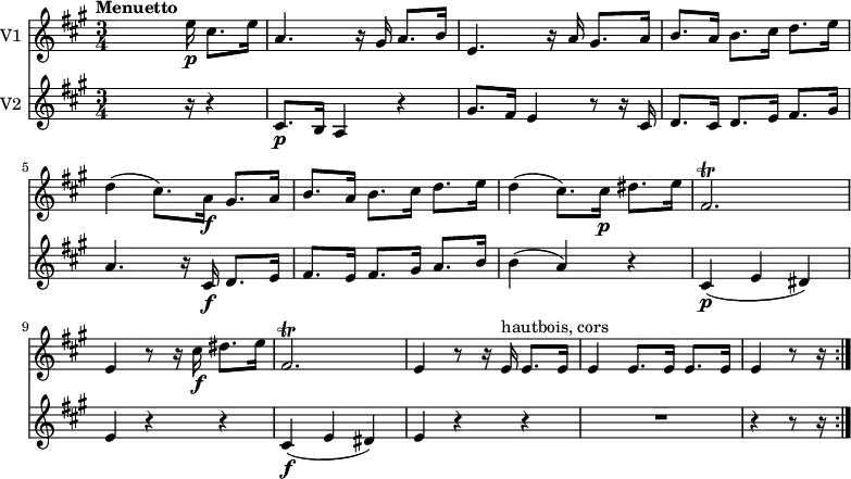 
<<
  \new Staff \with { instrumentName = #"V1 "}  
  \relative c'' {
    \version "2.18.2"
    \key a \major
    \tempo "Menuetto"
    \tempo 4 = 110
    \time 3/4
     s4 s8. e16 \p  cis8. e16
     a,4. r16 gis16 a8. b16
     e,4. r16 a16 gis8. a16
     b8. a16 b8. cis16 d8. e16
     d4 (cis8.) a16 \f gis8. a16
     b8. a16 b8. cis16 d8. e16
     d4 (cis8.) cis16\p dis8. e16
     fis,2. \trill
     e4 r8 r16 cis'16 \f dis8. e16
     fis,2.\trill 
     e4 r8 r16 e16^\markup {hautbois, cors} e8. e16
     e4 e8.  e16 e8. e16
     e4 r8 r16 \bar ":|."
  }
  \new Staff \with { instrumentName = #"V2 "}
  \relative c'' {
    \key a \major
    \time 3/4
   s4 s8.  r16 r4 
   cis,8.\p b16 a4 r4 
   gis'8. fis16 e4 r8 r16 cis16
   d8. cis16 d8. e16 fis8. gis16
   a4. r16 cis,16 \f  d8. e16
   fis8. e16 fis8. gis16 a8. b16
   b4 (a) r4
   cis,\p (e dis)
   e r4 r4
   cis4\f (e dis) 
   e r4 r4
   R2. r4 r8 r16 \bar ":|."
  }
>>
