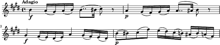 
\relative c' {
\key e \major
\time 4/4
\tempo "Adagio"
b'4\f   a16 (gis16) a16 (b16)  b8.. (bis32 cis8) r8 
a4\p gis16 (fis16) gis16 (a16)  a8.. (ais32 b8) r8
gis4\f fis16 (e16) dis16 (e16) a4 gis16 (fis16) e16 (dis16)
b'8\p (bis) cis (fis) e16 (dis16) cis16 (b16)  ais16 (b16) a16 (fis16)
}
