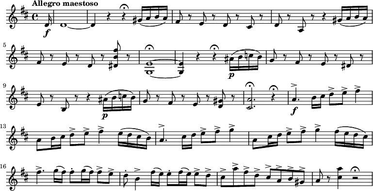 
\version "2.18.2"
\relative c' {
\key d \major
\time 4/4
\tempo "Allegro maestoso"
\tempo 4 = 100
   \partial 16 d16\f d1 ~ d4 r r \fermata  gis16 (a b a)
   fis8 r e r d r cis r
   d r a r r4 gis'16 (a b a)
   fis8 r e r d r <dis b' fis'> r
   <g, e'>1\fermata ~ <g e'>4  r r \fermata
   ais'16\p (b c b)
   g8 r fis r  e r dis r
   e r b r r4 
    ais'16\p (b c b)
   g8 r fis r  e r <d gis> r
   <cis a'>2.\fermata r4\fermata
   a'4. ^> \f b16 cis d8 ^> e ^> fis4 ^>
   a,8 b16 cis  d8 ^> e ^> fis4 ^> e16 (d cis b)
   a4.^ > cis16 d e8 ^> fis ^> g4 ^>
   a,8 cis16 d e8^ > fis ^> g4 ^> fis16 (e d cis)
   fis 4. ^> g16 (fis) fis8-. g16 (fis) fis8 ^> e^>
   d-. b4 ^> fis'16 (e) e8-. fis16 (e) e8 ^> d ^>
   cis ^> a'^ > fis ^> d ^> cis ^> a ^> b ^> gis ^>
   a r <cis a'>4 r2 \fermata
} 
