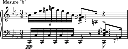 
\new PianoStaff <<
  \new Staff = "right" <<
    \relative c'' {
      \key ees \major
      \time 3/4
       \times 8/9{a32 c32 ees32 fis32 a32 fis32 ees32 c32 a32} <c, ees fis-> a>8. <a>16 r4
    }
  >>
  \new Staff = "left" {
    \clef bass <<
      \relative c, {
        \key ees \major
        \time 3/4
        c32\pp c'32 c,32 c'32 c,32 c'32 c,32 c'32 c,8 r8 <<{\voiceOne <c' ees fis-> a>8. <a>16}\new Voice {\voiceTwo c,8 r8}>>
      }
    >>
  }
>>
\header {
    piece = "Mesure ''b''"
  }
