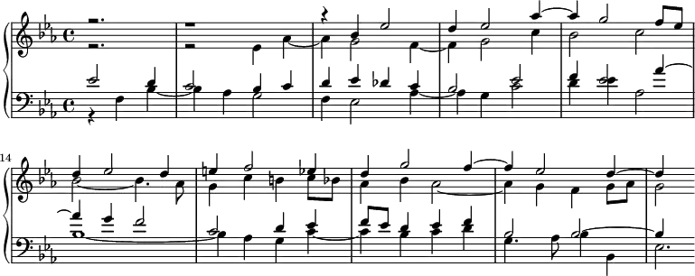 
\version "2.18.2"
\header {
  tagline = ##f
}
upper = \relative c'' {
    \clef treble 
    \key ees \major
    \time 4/4
    \tempo 4 = 60
    \set Score.currentBarNumber = #10
    %\context Score \applyContext #(set-bar-number-visibility 4)
    \bar ""
    \set Staff.midiInstrument = #"harpsichord" 
   %% PRÉLUDE CBT I-7, BWV 852, mi-bémol majeur
   << { r2. r1 r4 bes4 ees2 d4 ees2 aes4~ aes g2 f8 ees d4 ees2 | d4 e f2 ees4 d g2 f4~ f ees2 d4~ d } \\ { r2. r2 ees,4 aes~ aes g2 f4~ f g2 c4 bes2 c bes~ bes4. aes8 g4 c b c8 bes aes4 bes aes2~ | aes4 g f g8 aes g2*1/4 } >>
}
lower = \relative c' {
    \clef bass 
    \key ees \major
    \time 4/4
    \set Staff.midiInstrument = #"harpsichord" 
       \partial 2.
       << { ees2 d4 c2 bes4 c d ees des c bes2 ees f4 ees2 aes4~ aes g f2 c d4 ees f8 ees d4 ees f bes,2 bes~ | bes4  } \\ { r4 f4 bes~ bes aes g2 f4 ees2 aes4~ aes g c2 d4 ees4 aes,2 bes1~ bes4 aes g c~ c bes c d g,4. aes8 bes4 bes, | ees2.*1/6 } >>
} 
\score {
  \new PianoStaff <<
    \set PianoStaff.instrumentName = #""
    \new Staff = "upper" \upper
    \new Staff = "lower" \lower
  >>
  \layout {
    indent = #0
    \context {
      \Score
      \remove "Metronome_mark_engraver"
    }
  }
  \midi { }
}
