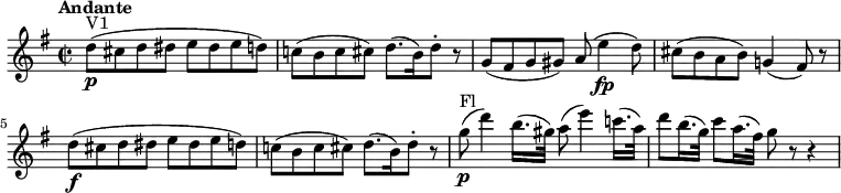 
<< \new Staff
    \relative c'' {
    \version "2.18.2"
    \key g \major 
    \tempo "Andante"
    \time 2/2
    \tempo 4 = 80
  d8\p ^\markup {V1} (cis d dis e dis e d)
  c! (b c cis) d8. (b16) d8-. r
  g, (fis g gis) a (e'4\fp d8)
  cis (b a b) g!4 (fis8) r
  d'8\f (cis d dis e dis e d)
  c! (b c cis) d8. (b16) d8-. r
  g\p ^\markup {Fl} (d'4) b16. (gis32) a8 (e'4) c!16. (a32)
  d8 b16. (g32) c8 a16. (fis32) g8 r r4
}
>>
