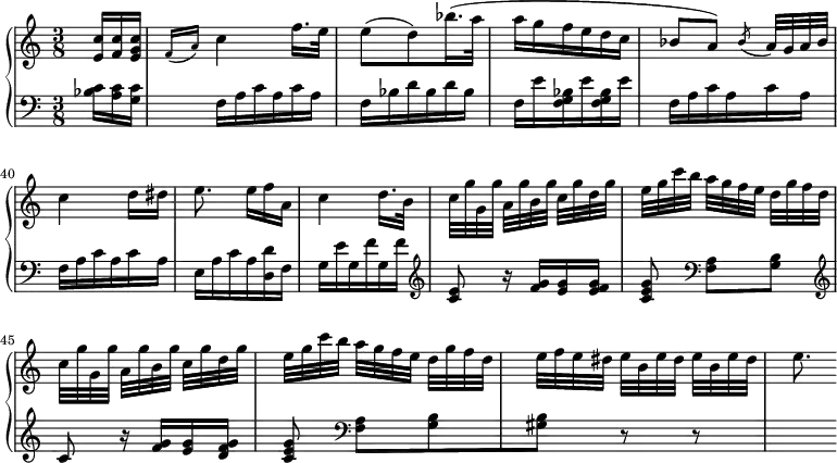 
\version "2.14.2"
\header {
  tagline = ##f
}
upper = \relative c'' {
  \clef treble 
  \key a \minor
  \time 3/8
  \tempo 4 = 68
  %\autoBeamOff
  \set Staff.midiInstrument = #"piano"
   \partial 8. < c e, >16 < c f, > < c g e > \grace { f,16( a) } c4 f16. e32 e8( d) 
   bes'16.( a32 a16 g f e d c bes8( a) ) 
   \acciaccatura bes8 a32[ g a bes] c4 d16 dis e8. e16[ f a,] c4  d16. b32 
   \repeat unfold 2 { c32[ g' g, g'] a,[ g' b, g'] c,[ g' d g] e[ g c b] a[ g f e] d[ g f d] }
   e32[ f e dis] e[ b e dis] e[ b e dis] e8.
}
lower = \relative c' {
  \clef bass
  \key a \minor
  \time 3/8
  \set Staff.midiInstrument = #"piano"
  \set Score.currentBarNumber = #36
   < c bes >16 < c a > < c g > 
   f,16 a \repeat unfold 2 { c a }  f bes \repeat unfold 2 { d bes }  f e' \repeat unfold 2 { < bes g f > e }
   \repeat unfold 2 { f,16 a \repeat unfold 2 { c a } } e16 a c a < d d, > f,
   g16 e' g, f' g, f'  \clef treble  < e c >8 r16 < g f >16 < g e > < g f e > < g e c >8 \clef bass < a, f >8[ < b g >] 
   \clef treble c8 r16 < g' f >16 < g e > < g f d > < g e c >8 \clef bass < a, f >8[ < b g > < b gis >] r8 r8 s4
}
\score {
  \new PianoStaff <<
    \set PianoStaff.instrumentName = #""
    \new Staff = "upper" \upper
    \new Staff = "lower" \lower
  >>
  \layout {
    indent = #0
    \context {
      \Score
      \remove "Metronome_mark_engraver"
\override SpacingSpanner.common-shortest-duration = #(ly:make-moment 1/2)
    }
  }
  \midi { }
}
