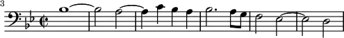 
\header {
  tagline = ##f
}
\score {
  \new Staff \with {
  }
<<
  \relative c' {
    \key bes \major
    \time 2/2
    \tempo 2 = 80
    \override TupletBracket #'bracket-visibility = ##f 
    %\autoBeamOff
    \set Score.currentBarNumber = #3
    \bar ""
    \set Staff.midiInstrument = #"French horn"
     %%% AB 5-1 intro
     \clef bass bes1~ bes2 a~ a4 c bes a bes2. a8 g f2 ees2~ ees d2 
  }
>>
  \layout {
    \context { \Score \remove "Metronome_mark_engraver"
    }
  }
  \midi {}
}
