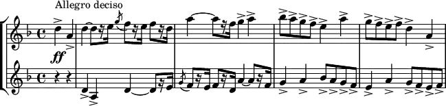 
\version "2.18.2"
\header {
  tagline = ##f
}
global= {
  \time 4/4
  \key d \minor
  \tempo 4 = 122
}
tema = { d4-> a-> | d~ d8[ r16 e16] \acciaccatura g8 f8[ r16 e16] f8[ r16 d16] | a'4~ a8[ r16 f16] g4-> a-> |
        bes8-> a-> g-> f-> e4-> a-> | g8-> f-> e-> f-> }
soprano = \new Voice \relative c'' {
  \set Staff.instrumentName = #""
  \clef treble
      s8*0^\markup{Allegro deciso}_\ff
  { \partial 2 
    \tema  d4-> a->
  }
   % \addlyrics { bla- bla }
}
alto = \new Voice \relative c' {
  \set Staff.instrumentName = #""
  \clef treble
     r4 r4 | \tema
}
\score {
  \new StaffGroup <<
    \new Staff << \global \soprano >>
    \new Staff << \global \alto >>
  >>
  \layout {
      #(layout-set-staff-size 17)
    \context {
      \Score
      \override SpacingSpanner.common-shortest-duration = #(ly:make-moment 1/2)
      \remove "Metronome_mark_engraver"
    }
  }
  \midi { }
}
