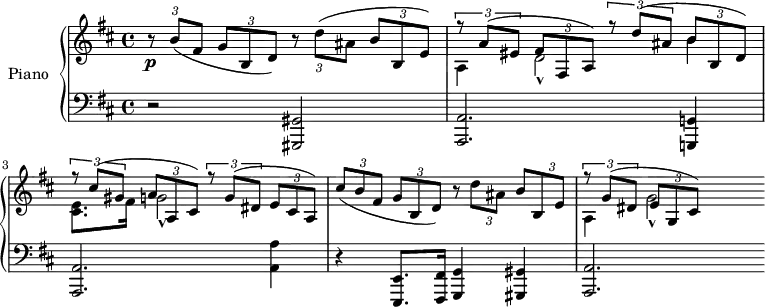 
\version "2.14.2"
\header {
  tagline = ##f
}
upper = \relative c'' {
  \clef treble 
  \key d \major
  \time 4/4
  \tempo 8 = 190
  %\autoBeamOff
   \override TupletBracket #'bracket-visibility = ##f
  \times 2/3 { r8\p b( fis } \times 2/3 { g b, d) } \times 2/3 { r8 d'( ais } \times 2/3 { b b, e) }
  << { \times 2/3 { r8 a( eis } \times 2/3 { fis fis, a) } \times 2/3 { r8 d'( ais } \times 2/3 { b b, d) } } \\ { a4 d2-^ b'4 } >>
  << { \times 2/3 { r8 cis( gis } \times 2/3 { a a, cis) } \times 2/3 { r8 g'( dis } \times 2/3 { e cis a) } } \\ { < e' cis >8. fis16 g!2-^ } >>
  \times 2/3 { cis8( b fis } \times 2/3 { g8 b, d) } \times 2/3 { r8 d'8 ais b } \times 2/3 { b,8 e) } 
  << { \times 2/3 { r8 g8( dis } \times 2/3 { e g, cis) } } \\ {a4 g'2-^ } >>
}
lower = \relative c {
  \clef bass
  \key d \major
  \time 4/4
   r2 < gis gis, >2 < a a, >2. < g! g,! >4 < a a, >2. < a' a, >4 r4 < e, e, >8. < fis fis, >16 < g g, >4 < gis gis, > < a a,>2. 
} 
\score {
  \new PianoStaff <<
    \set PianoStaff.instrumentName = #"Piano"
    \new Staff = "upper" \upper
    \new Staff = "lower" \lower
  >>
  \layout {
    \context {
      \Score
      \remove "Metronome_mark_engraver"
    }
  }
  \midi { }
}
