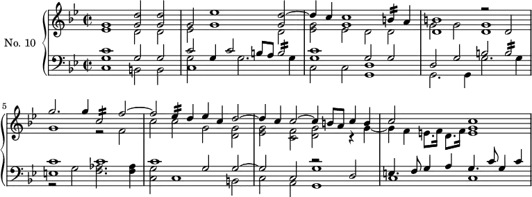 
\version "2.18.2"
\header {
  tagline = ##f
}
Mordbblanche = { \tag #'print { b2:16 } \tag #'midi { b16 a b4. } } 
Mordbnoire = { \tag #'print { b4:16 } \tag #'midi { b32 a b8. } }
Mordcblanche = { \tag #'print { c,2:16 } \tag #'midi { c16 bes c4. } }
Mordenoire = { \tag #'print { ees4:16 } \tag #'midi { ees32 d ees8. } }
Mordecrochept = { \tag #'print { e8. } \tag #'midi { e32 d e8 } }
upper = \relative c'' {
  \clef treble 
  \key bes \major
  \time 4/2
  \set Staff.timeSignatureFraction = 2/2
  \autoBeamOff
  \tempo 2 = 55
  \set Staff.midiInstrument = #"harpsichord"
    << { g1 << d'2 g, >> << d'2 g, >> } \\ { ees1 d2 d } >>
    << { g2 ees'1 << d2~ g, >> } \\ { ees2 g1 d2 } >>
    << { d'4 c << c1 g1 >> \Mordbnoire a4 } \\ { << g2 ees2 >> ees2 d2 d } >>
    << { << b'1 d,1 >> r2 d2 } \\ { g2 g2 << g1 d1 >> } >>
    << { g'2. g4 \Mordcblanche f2~ } \\ { g,1 r2 f } >>
    << { f'2 \Mordenoire d4 ees c d2~ } \\ { c2 c g << g d >> } >>
    << { d'4 c c2~ c4 b8 a c4 b } \\ { << g2 ees2 >> << f2 c >> << g' d >> r4 g4~ }  >>
    << { c2 s2 << c1 g1 >> } \\ { g4 f \Mordecrochept f16 d8. f16 e1 } >>
}
lower = \relative c {
  \clef bass
  \key bes \major
  \time 4/2
  \set Staff.timeSignatureFraction = 2/2
  \set Staff.midiInstrument = #"harpsichord"
    << { << c'1 g >> g2 g } \\ { c,1 b2 b } >> 
    << { c'2 g4 c2 b8 a \Mordbblanche } \\ { << g2 c,1 >> g'2. g4 } >> 
    << { << c1 g >> g2 g } \\ { c,2 c << d1 g, >> } >> 
    << { d'2 g b \Mordbblanche } \\ { g,2. g4 g'2. g4 } >>
    << { c1 c } \\ { r2 g << aes2. f2. >> << aes4 f4 >> } \\ { e1 } >>
    << { c'1 g2 g~ } \\ { << g2 c, >> c1 b2 } >> 
    << { g'2 c, g'1 }  \\ { c,2 a g1 } \\ { s1 r2 d'2 } >> 
    << { e4. f8 g4 a g4. c8 g4 c4 } \\ { c,1 c1 } >>
}
thePianoStaff = \new PianoStaff <<
  \set PianoStaff.instrumentName = #"No. 10"
  \new Staff = "upper" \upper
  \new Staff = "lower" \lower
>>
\score {
  \keepWithTag #'print \thePianoStaff
  \layout {
    \context {
      \Score
      \remove "Metronome_mark_engraver"
    }
  }
}
\score {
  \keepWithTag #'midi \thePianoStaff
  \midi { }
}
