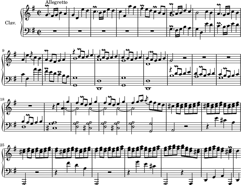 
\version "2.18.2"
\header {
  tagline = ##f
  % composer = "Domenico Scarlatti"
  % opus = "K. 520"
  % meter = "Allegro"
}
%% les petites notes
trillGp     = { \tag #'print { g4.\prall } \tag #'midi { a32 g a g~ g4 } }
trillCp     = { \tag #'print { c4.\prall } \tag #'midi { d32 c d c~ c4 } }
trillFis    = { \tag #'print { fis4\prall } \tag #'midi { g32 fis g fis~ fis8 } }
trillC      = { \tag #'print { c4\prall } \tag #'midi { d32 c d c~ c8 } }
trillBp     = { \tag #'print { b4.\prall } \tag #'midi { c32 b c b~ b4 } }
trillAp     = { \tag #'print { a4.\prall } \tag #'midi { b32 a b a~ a4 } }
trillA      = { \tag #'print { a4\prall } \tag #'midi { b32 a b a~ a8 } }
trillDq     = { \tag #'print { d8\prall } \tag #'midi { e32 d e d } }
trillCq     = { \tag #'print { c8\prall } \tag #'midi { d32 c d c } }
trillEq     = { \tag #'print { e8\prall } \tag #'midi { fis32 e fis e } }
trillBq     = { \tag #'print { b8\prall } \tag #'midi { c32 b c b } }
trillAq     = { \tag #'print { a8\prall } \tag #'midi { b32 a b a } }
trillECis   = { \tag #'print { < cis e >4\prall } \tag #'midi { << { fis32 e fis e~ e8 } \\ { cis4 } >> } }
upper = \relative c'' {
  \clef treble 
  \key g \major
  \time 2/2
  \tempo 2 = 76
  \set Staff.midiInstrument = #"harpsichord"
  \override TupletBracket.bracket-visibility = ##f
      s8*0^\markup{Allegretto}
      \trillGp fis16 g b4 a | g d e' d | \trillCp b16 c e4 d | c fis, a' g | \trillFis e8 d \trillC b8 a |
      % ms. 6
      << { \trillBp a16 b d4 c } \\ { g1 } >> b2 c4 b | \trillAp g16 a c4 b | a e' \acciaccatura d8 c4 b | \trillA g8 fis g4 a |
      % ms. 11
      << { r4 \trillDq c8 d4 e | d \trillCq b8 c4 d | c \trillBq a8 b4 c | b \trillAq g8 a4 b } \\ { b1 a g d } >> g2 r2
      % ms. 16… 19…
      R1*3 | r4 e'4 << { a,4 g' | \repeat unfold 2 { fis \trillEq d8 e4 g } | fis4 g8[ a] } \\ { \repeat unfold 3 { a,2~ | a } } >> |
      % ms. 22 suite
      \acciaccatura a'8 g8 fis e d | cis4 < cis e >8 < b d > \repeat unfold 3 { < cis e >8 < b d >  < cis e > < d fis > } |
      % ms. 25
      < cis e >4 < d fis >8 < cis e > \repeat unfold 3 { < d fis > < cis e >  < d fis > < e g > } | < d fis >4 < e g >8 < d fis > \repeat unfold 3 { < e g >8 < d fis > < e g > < fis a > }
      % ms. 29
      < e g >8 \repeat unfold 2 { < fis a >8 < g b > } < e g >8 < d fis > < cis e > | < d fis > < e g > < fis a > < e g > < d fis >4 \trillECis | d4
}
lower = \relative c' {
  \clef bass
  \key g \major
  \time 2/2
  \set Staff.midiInstrument = #"harpsichord"
  \override TupletBracket.bracket-visibility = ##f
    % ************************************** \appoggiatura a16  \repeat unfold 2 {  } \times 2/3 { }   \omit TupletNumber 
      R1*5 |
      % ms. 6
      \trillGp fis16 g b4 a | g d e' d | \trillCp b16 c e4 d | c fis, a' g | \trillFis e8 d \trillC b8 a |
      % ms. 11
      \repeat unfold 2 { < g, g' >1 < d d' > } | 
      % ms. 15
      << { g''4\rest \trillDq c8 d4 e | d \trillCq b8 c4 d | c \trillBq a8 b4 c | b \trillAq g8 a4 b } \\ { b1 a g d } >>
      % ms. 19
      < cis g' a >1 | \repeat unfold 2 { < d g a >2 < cis g' a > } |
      % ms. 22
      < d g a >2 < g, g' > | a2 r2 | r4 e''4 cis a | 
      % ms. 25
      a,,2 r2 | r4 fis'''4 d a | a,,2 r2 | r4 g'''4 e cis |
      % ms. 29
      a,,2 r4 a4 | d g a a, | d 
}
thePianoStaff = \new PianoStaff <<
    \set PianoStaff.instrumentName = #"Clav."
    \new Staff = "upper" \upper
    \new Staff = "lower" \lower
  >>
\score {
  \keepWithTag #'print \thePianoStaff
  \layout {
      #(layout-set-staff-size 17)
    \context {
      \Score
     \override SpacingSpanner.common-shortest-duration = #(ly:make-moment 1/2)
      \remove "Metronome_mark_engraver"
    }
  }
}
\score {
  \keepWithTag #'midi \thePianoStaff
  \midi { }
}
