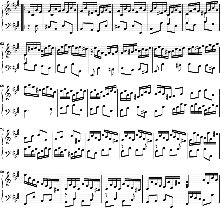 
\version "2.18.2"
\header {
  tagline = ##f
  % composer = "Paradisi"
  % opus = ""
  % meter = "Allegro"
}
%% les petites notes
%trillBesp     = { \tag #'print { bes4.\prall } \tag #'midi { c32 bes c bes~ bes4 } }
upper = \relative c'' {
  \clef treble 
  \key a \major
  \time 2/4
  \tempo 4 = 122
  \set Staff.midiInstrument = #"harpsichord"
  \override TupletBracket.bracket-visibility = ##f
  \set Score.currentBarNumber = #57
  \omit Staff.TimeSignature
\bar "" \bar ".|:"
      \partial 4      e,16 b gis' e | fis b, a' fis gis e b' gis | fis b dis, fis b, e gis e | fis b, a' fis gis e b' gis | fis b dis, fis << { b, e gis e } \\ { b4 } >>
      % ms. 62
      << { cis16 fis a fis dis gis b gis | e dis' e cis } \\ { cis,4 dis | e } >> b'16 e gis e | cis fis a fis gis e fis dis | r16 e16 b gis e gis fis a |
      % ms. 66
      gis16 b ais cis b d cis e | d fis d ais b d cis e | d fis eis gis fis a gis b | a cis a eis fis a fis cis |
      % ms. 70
      d fis b, d  gis, b e d | cis e a, cis fis, a d cis | b d gis, b eis, gis cis b | a cis a eis fis8 a |
      % ms. 74
      b8 d e gis, | a cis d fis, | gis b cis eis, | fis16 cis' a fis d' b gis eis |
      % ms. 78
      \repeat unfold 2 { fis16 cis' a fis d' b gis eis } | fis fis' d b a fis' gis, eis' | fis cis a fis d b gis eis |
      % ms. 82
      \repeat unfold 2 { fis16 cis' a fis d' b gis eis } | fis fis' d b a fis' gis, eis' | < a, cis fis >4 a'16 e cis' a |
}
lower = \relative c' {
  \clef bass
  \key a \major
  \time 2/4
  \omit Staff.TimeSignature
  \set Staff.midiInstrument = #"harpsichord"
  \override TupletBracket.bracket-visibility = ##f
    % **************************************
      r8 e,8 | dis b e e, | b' a gis e' | dis b e e, | b' a' << { gis4 } \\ { gis8 e } >>
      % ms. 62
      << { a4 b | cis } \\ { a8 fis b gis | cis a } >> gis8 e | a fis b b, | e,8 e'4 dis8 |
      % ms. 66
      e8 cis d ais | b b'4 ais8 | b gis a eis | fis4. a8 |
      % ms. 70
      b8 d e gis, | a cis d fis, | gis b cis eis, | fis cis' a16 cis fis e |
      % ms. 74
      d16 fis b, d gis, b e d | cis e a, cis fis, a d cis | b d gis, b eis, gis cis b | a8 fis b cis |
      % ms. 78
      \repeat unfold 2 { << { r8 d4 cis8 } \\ { a8 d b cis } >> } | a8 b cis cis, | fis, fis' b, cis |
      % ms. 82
      \repeat unfold 2 { << { r8 d4 cis8 } \\ { a8 d b cis } >> } | a8 b cis cis, | fis16 fis' e d cis8 a' |
}
thePianoStaff = \new PianoStaff <<
    \set PianoStaff.instrumentName = #""
    \new Staff = "upper" \upper
    \new Staff = "lower" \lower
  >>
\score {
  \keepWithTag #'print \thePianoStaff
  \layout {
    indent = #0
      #(layout-set-staff-size 17)
    \context {
      \Score
     \override SpacingSpanner.common-shortest-duration = #(ly:make-moment 1/2)
      \remove "Metronome_mark_engraver"
    }
  }
}
\score {
  \keepWithTag #'midi \thePianoStaff
  \midi { }
}
