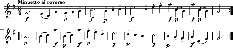 
\relative c' {
    \version "2.18.2"
     \key g \major
     \time 3/4
     \tempo "Minuetto al roverso"
     \tempo 4 = 120
  \repeat volta 2 { g'2. \f  fis4 (d) a'
  g-. \p a-. b-. 
  c2. \f
  b4-. \p c-. d-.
  e2. \f
  d4-. fis-. g-. 
  a \f c, \p (b)
  a' \f c, \p (b)
  a2. }
  \repeat volta 2 {
    a2.  \p
    b4 (c) a'  \f
    b,4\p (c) a'  \f
    g-.  \p fis-. d-.
    e2.  \f
    d4-.  \p c-. b-.
    c2.  \f
    b4-.  \p a-. g-.
    a \f d, (fis)
    g2.
  }
}
