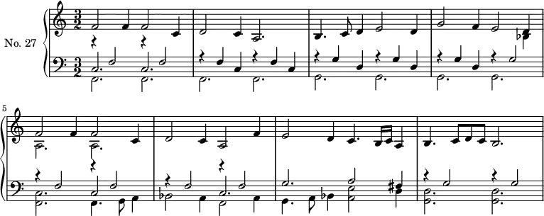 
\version "2.14.2"
\header {
  tagline = ##f
}
upper = \relative c' {
  \clef treble 
  \key a \minor
  \time 3/2
  \tempo 2 = 76
  \autoBeamOff
  \set Staff.midiInstrument = #"harpsichord"
    f2 f4 f2 c4 | d2 c4 a2. | b4. c8 d4 e2 d4 | g2 f4 e2 << { d4 } \\ { bes4 } >> |
    << { f'2 f4 f2 c4 } \\ { a2. a2. } >> 
    d2 c4 a2 f'4 | e2 d4 c4. b16[c] a4 | b4. c8[d c] b2.
}
lower = \relative c {
  \clef bass
  \key a \minor
  \time 3/2
  \set Staff.midiInstrument = #"harpsichord"
    << { r4 f2 r4 f2 } \\ { f,2. f2. } \\ { c'2. c2. } >> 
    << { r4 f4 c4 r4 f4 c4 } \\ { f,2. f2. } >> 
    << { r4 g'4 d4 r4 g4 d4 } \\ { g,2. g2. } >> 
    << { r4 g'4 d4 r4 g2 } \\ { g,2. g2. } >>
    << { r4 f'2 r4 f2 }  \\ { << f,2. \stemDown c'2. >> f,4. g8 a4 } \\ { s2. c2 } >> 
    << { r4 f2 r4 f2 }  \\ { bes,2 a4 f2 a4 } \\ { s2. c2. } >> 
    << { g'2. a2 fis4 }  \\ { g,4. a8 bes4 << e2 a,2 >> d4 } >> 
    << { r4 g2 r4 g2 } \\ { << d2. g,2. >> << d'2. g,2. >>  } >> 
}
\score {
  \new PianoStaff <<
    \set PianoStaff.instrumentName = #"No. 27"
    \new Staff = "upper" \upper
    \new Staff = "lower" \lower
  >>
  \layout {
    \context {
      \Score
      \remove "Metronome_mark_engraver"
    }
  }
  \midi { }
}
