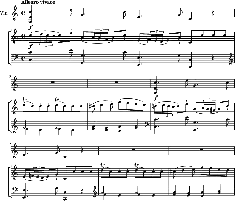 
\new GrandStaff <<
    \new StaffGroup <<
      \new Staff {
        \version "2.18.2"
        \tempo  "Allegro vivace"
        \clef treble
        \key c \major
        \time 4/4
        \tempo 4 = 130  
     \relative c'' {
                c8 \f (\tuplet 3/2 {d16 c b} c8) e-! g,8 (\tuplet 3/2 {a16 g fis} g8) c-!
                e,8 (\tuplet 3/2 {f!16 e d} e8) g-! c, c' c c
                d\trill (c) c-. c-. d\trill (c) c-. c-.
                cis (d4 e8) g (f e d)
                c!8 (\tuplet 3/2 {d16 c b} c8) e-! g,8 (\tuplet 3/2 {a16 g fis} g8) c-!
                e,8 (\tuplet 3/2 {f!16 e d} e8) g-! c, c' c c
                d\trill (c) c-. c-. d\trill (c) c-. c-.
                cis (d4 e8) g (f e d
            }
      }
      \new Staff {
                 \clef bass 
                 \key c \major
                 \time 4/4
      \relative c'' {
           <c,, c'>4. e'8 <g,, g'>4. c'8
           <e,, e'>4. g'8 <c,, c'>4 r
           \clef treble
           <<{\stemDown f''4 e f e} \\ {\stemUp g2 g}>>
           <f a>4 <e g> <d a'> <g b> 
           \clef bass
           <c,, c'>4. e'8 <g,, g'>4. c'8
           <e,, e'>4. g'8 <c,, c'>4 r
           \clef treble
           <<{\stemDown f''4 e f e} \\ {\stemUp g2 g}>>
           <f a>4 <e g> <d a'> <g b> 
             }
      }
>>
    \new Staff { \set Staff.instrumentName = "Vln"
           \relative c'' {
              \key c \major
              \time 4/4
            <<{<g, e'>4\f s8} \\ {\stemUp c'4.}>> e8 g,4. c8
            e,4. g8 c,4 r R1 R1
            <<{<g e'>4\f s8} \\ {\stemUp c'4.}>> e8 g,4. c8
            e,4. g8 c,4 r R1 R1
                 }
                 }
  >>
