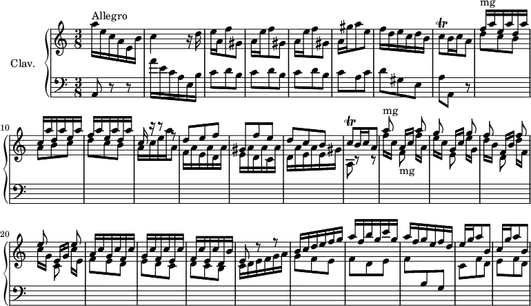 
\version "2.18.2"
\header {
  tagline = ##f
  % composer = "Domenico Scarlatti"
  % opus = "K. 36"
  % meter = "Allegro"
}
%% les petites notes
trillCq      = { \tag #'print { c8\trill } \tag #'midi { d32 c d c } }
upper = \relative c'' {
  \clef treble 
  \key a \minor
  \time 3/8
  \tempo 4. = 62
  \set Staff.midiInstrument = #"harpsichord"
  \override TupletBracket.bracket-visibility = ##f
      s8*0^\markup{Allegro}
      a'16 e c a e b' | c4 r16 d16 | e a, f'8 gis, | \repeat unfold 2 { a16 e' f8 gis, } |
      % ms. 6
      a16 gis' a8 e | f16 d e c d b | \trillCq b16 c a8 | \stemDown d8 c b | a b c | d c b |
      % ms. 12
      a16 c e a a,8 | \stemUp d8 e f | gis, f' e | d c b | \trillCq b16 c a8 | \stemDown f'16 c \stemUp a[ c] \stemDown f a, |
      % ms. 18
      e'16 c \stemUp g[ c] \stemDown  e g, | d' b \stemUp f[ b] \stemDown  d f, | c' g \stemUp e[ g] \stemDown c e,  | f8 e d | e d c |
      % ms. 21
      d8 c b | c16 d e f g a | \stemUp b c d e f g  | a f b g c g | a f g e f d |
      % ms. 28
      e16 g a8 b, | c16 g' a8 b, |
}
lower = \relative c' {
  \clef bass
  \key a \minor
  \time 3/8
  \set Staff.midiInstrument = #"harpsichord"
  \override TupletBracket.bracket-visibility = ##f
    % ************************************** \appoggiatura a8  \repeat unfold 2 {  } \times 2/3 { }   \omit TupletNumber 
      a,8 r8 r8 | a''16 e c a e b' | \repeat unfold 3 { c8 d b } | 
      % ms. 6
      c8 a c | d gis, e | a a, r8 \stemUp \change Staff = "upper" f'''16^\markup{mg} a e a d, a' | c, a' d, a' e a  | f a e a d, a'
      % ms. 12
      c,16 r16 r8 r8 | \stemDown f,16 a e a d, a' | e a d, a' c, a' | d, a' e a e gis | a,8 r8 r8 | \stemUp \autoBeamOff a''8^\markup{mg} \stemDown  f,-\markup{mg} \stemUp a' |
      % ms. 18
      g8 \stemDown  e, \stemUp g' | f \stemDown  d, \stemUp f' | e \stemDown  c, \stemUp e' | \stemUp \autoBeamOn a,16 c g c  f, c' | g c f, c' e, c' | 
      % ms. 23
      f,16 c' e, c' d, b' | e,8 r8 r8 | \stemDown g8  f e | f d e | f \stemUp \change Staff = "lower"  b, g | \stemDown \change Staff = "upper"  c8 f d | e f d | 
}
thePianoStaff = \new PianoStaff <<
    \set PianoStaff.instrumentName = #"Clav."
    \new Staff = "upper" \upper
    \new Staff = "lower" \lower
  >>
\score {
  \keepWithTag #'print \thePianoStaff
  \layout {
      #(layout-set-staff-size 17)
    \context {
      \Score
     \override SpacingSpanner.common-shortest-duration = #(ly:make-moment 1/2)
      \remove "Metronome_mark_engraver"
    }
  }
}
\score {
  \keepWithTag #'midi \thePianoStaff
  \midi { }
}
