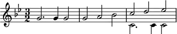 
\header {
  tagline = ##f
}
\score {
  \new Staff \with {
  }
<<
  \relative c'' {
    \key bes \major
    \time 3/2
    \override TupletBracket #'bracket-visibility = ##f 
    \autoBeamOff
     %%%%%%%%%%%%%%%%%%%%%%%%%% K20
     g2. g4 g2 g a bes 
     << { c d ees } \\ { c,2. c4 c2 } >>
  }
>>
  \layout {
    \context {
      \remove "Metronome_mark_engraver"
    }
  }
  \midi {}
}
