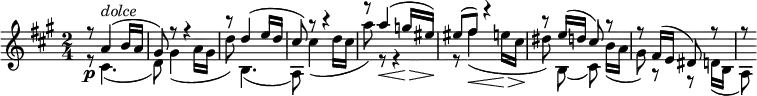 
\relative a' {
 \version "2.18.2"
 \key a \major \time 2/4
 \set Score.tempoHideNote = ##t \tempo 4 = 60
 \set Staff.midiInstrument = "violin"
 <<
 {r8\p a4^\markup { \italic dolce }( b16 a | gis8) r8 r4 | r8 d'4( e16 d | cis8) r8 r4 | r8 a'4(\< g16\> eis)\! | eis8( fis) r4 | r8 e16( d cis8) r | r fis,16( e dis8) r | r8 }
 \\
 {r8 cis4.( | d8) gis4( a16 gis | d'8) b,4.( | a8) cis'4( d16 cis | a'8) r r4 | r8 fis4(\< e16\> cis\! | dis8)\noBeam b,( cis)\noBeam b'16( a | gis8) r r d16( b | a8) }
 >>
}
