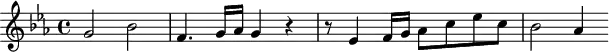 
\header {
  tagline = ##f
}
\score {
  \new Staff \with {
  }
<<
  \relative c'' {
    \key ees \major
    \time 4/4
    \tempo 4 = 80
    \override TupletBracket #'bracket-visibility = ##f 
    %\autoBeamOff
    \set Staff.midiInstrument = #"string ensemble 1"
     %%%%%%%%%%%%%%%%%%%%%%%%%% AB 3-2 th1
     g2 bes f4. g16 aes g4 r4 r8 ees4 f16 g aes8 c ees c bes2 aes4 
  }
>>
  \layout {
    \context { \Score \remove "Metronome_mark_engraver"
    }
  }
  \midi {}
}
