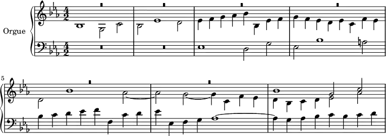 
\version "2.14.2"
\header {
  tagline = ##f
}
upper = \relative c' {
  \clef treble 
  \key ees \major
  \time 4/2
  \tempo 2 = 80
  %\autoBeamOff
   << { R1*6 } \\ { bes1 g2 c |  bes2 ees1 d2 | ees4 f g aes bes bes, ees f }>> 
   << { R1*6 } \\ { g4 f ees d ees c f ees | d2 bes'1 aes2~ | aes2 g~ g4 c,4 f ees }>> 
   << { bes'1 g2 c } \\ { d,4 bes c d ees2 aes } >>
}
lower = \relative c {
  \clef bass
  \key ees \major
  \time 4/2
  R1*4 ees1 d2 g ees bes'1 a!2 | bes4 c d ees f f, c' d | ees ees, f g aes1~ aes4 g aes bes c bes c d
}
\score {
  \new PianoStaff <<
    \set PianoStaff.instrumentName = #"Orgue"
    \new Staff = "upper" \upper
    \new Staff = "lower" \lower
  >>
  \layout {
    \context {
      \Score
      \remove "Metronome_mark_engraver"
    }
  }
  \midi { }
}
