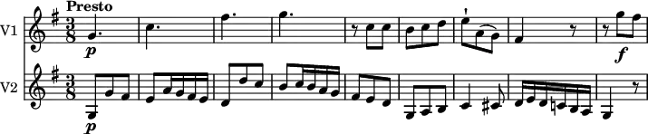 
<<
  \new Staff \with { instrumentName = #"V1 "}  
  \relative c'' {
     \version "2.18.2"
     \key g \major
     \tempo "Presto"
     \time 3/8
   g4.\p c fis g
   r8 c, c
   b c d
   e-! a, (g)
   fis4 r8
    r8 g'\f fis
  }
  \new Staff \with { instrumentName = #"V2 "}
  \relative c'' {
    \key g \major
    \time 3/8
    g,8\p g' fis
    e a16 g fis e
    d8 d' c
    b c16 b a g
    fis8 e d
    g, a b
    c4 cis8
   d16 e d c! b a
   g4 r8
  }
>>
