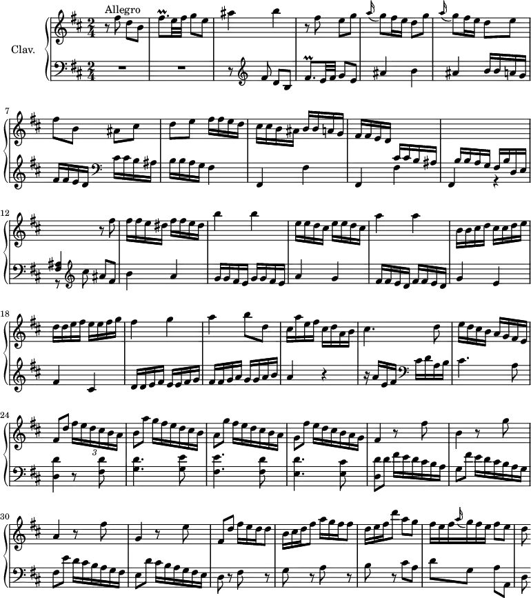 
\version "2.18.2"
\header {
  tagline = ##f
  % composer = "Domenico Scarlatti"
  % opus = "K. 227"
  % meter = "Allegro"
}
%% les petites notes
trillFisqpUp     = { \tag #'print { fis'8.\prall } \tag #'midi { g32 fis g fis~ fis16 } }
upper = \relative c'' {
  \clef treble 
  \key b \minor
  \time 2/4
  \tempo 4 = 92
  \set Staff.midiInstrument = #"harpsichord"
  \override TupletBracket.bracket-visibility = ##f
      s8*0^\markup{Allegro}
      r8 fis8 d b | \trillFisqpUp e32 fis g8 e | ais4 b | r8 fis8 e g | \appoggiatura a16 g8 fis16 e d8 g |
      % ms. 6
      \appoggiatura a16 g8 fis16 e d8 e | fis b, ais cis | d e fis16 fis e d | cis cis b ais b b a g | fis fis e d \stemUp  \change Staff = "lower" cis cis b ais |
      % ms. 11
      b16 b a g fis b d, e | < fis ais >4 \stemNeutral  \change Staff = "upper" r8 fis''8 | fis16 fis e dis fis fis e dis | b'4 b | \repeat unfold 2 { e,16 e d cis }
      % ms. 16
      a'4 a | b,16 b cis d cis cis d e | d d e fis e e fis g | fis4 g | a b8 d, |
      % ms. 21
      cis16 a' e fis cis d a b | cis4. d8 | e16 d cis b a g fis e | fis8 d' \times 2/3 { fis16[ e d cis b a] } | b8 a'  \omit TupletNumber \times 2/3 { g16[ fis e d cis b] }
      % ms. 26
      a8 g' \times 2/3 { fis16[ e d cis b a] } | g8 fis' \times 2/3 { e16[ d cis b a g] } | fis4 r8 fis'8 | b,4 r8 g'8 |
      % ms. 30
      a,4 r8 fis'8 | g,4 r8 e'8 | fis,8 d' \times 2/3 { fis16 e d } d8 | \times 2/3 { b16 cis d } fis8 \times 2/3 { a16 g fis} fis8 | \times 2/3 { d16 e fis } d'8 a8 g |
      % ms. 35
      \times 2/3 { fis16 e fis \appoggiatura a16 g fis e } fis8 e | d8
}
lower = \relative c' {
  \clef bass
  \key b \minor
  \time 2/4
  \set Staff.midiInstrument = #"harpsichord"
  \override TupletBracket.bracket-visibility = ##f
    % ************************************** \appoggiatura a16  \repeat unfold 2 {  } \times 2/3 { }   \omit TupletNumber 
      R2*2 | r8   \clef treble  fis8 d b | \trillFisqpUp e32 fis g8 e | ais4 b |
      % ms. 6
      ais4 b16 b a g | fis fis e d  \clef bass | cis cis b ais | b b a g \repeat unfold 3 { fis4 | fis,4 }
      % ms. 11 suite
      r4 | r8   \clef treble  cis'''8 ais fis | b4 a | \repeat unfold 2 { g16 g fis e } | a4 g |
      % ms. 16
      \repeat unfold 2 { fis16 fis e d } | g4 e | fis cis | d16 d e fis e e fis g | fis fis g a g g a b |
      % ms. 21
      a4 r4 | r16 a16 e fis   \clef bass cis d a b | cis4. a8 | < d, d' >4 r8 < fis d' >8 | < g d' >4. < g e' >8 |
      % ms. 26
      < fis e' >4. < fis d' >8 | < e d' >4. < e cis' >8 | < d d' >8 d' \omit TupletNumber  \times 2/3 { fis16[ e d cis b a] } | g8 fis' |  \times 2/3 { e16[ d cis b a g] } |
      % ms. 30
      fis8 e' \times 2/3 { d16[ cis b a g fis] } | e8 d' \times 2/3 { cis16[ b a g fis e] } | d8 r8 fis8 r8 | g8 r8 a8 r8 | b8 r8 cis8 a |
      % ms. 35
      d8 g, a a, | d8
}
thePianoStaff = \new PianoStaff <<
    \set PianoStaff.instrumentName = #"Clav."
    \new Staff = "upper" \upper
    \new Staff = "lower" \lower
  >>
\score {
  \keepWithTag #'print \thePianoStaff
  \layout {
      #(layout-set-staff-size 17)
    \context {
      \Score
     \override SpacingSpanner.common-shortest-duration = #(ly:make-moment 1/2)
      \remove "Metronome_mark_engraver"
    }
  }
}
\score {
  \keepWithTag #'midi \thePianoStaff
  \midi { }
}
