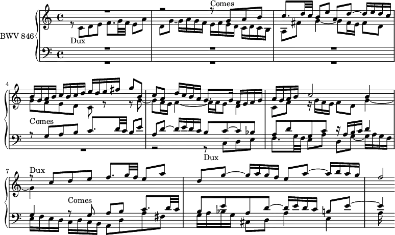 
\version "2.18.2"
\header {
  tagline = ##f
}
DuxNotes = { r8 c8 d e f8. g32 f e8 a d, g~ g16 a g f } 
Dux      = { s8*0-\markup{Dux} \DuxNotes }
Comes    = { s8*0-\markup{Comes} \transpose c g \relative { \DuxNotes } }
upper = \relative c' {
  \clef treble 
  \key c \major
  \time 4/4
  \tempo 4 = 58 % tempo de Keller
  \set Staff.midiInstrument = #"harpsichord" 
   %% FUGUE CBT I-1, BWV 846, ut majeur
   << { R1 r2 \transpose c c' { \Comes } b'16 g a b c b c d e d e fis g8 b, | c a d16 c b a g8. g16 f e f g | a g a b c2 b4 | \Dux e8 a~ a16 b a g | f2*1/4 } \\ { \relative c' { \Dux e16 f e d c d c b | a8 fis' g4~ g8 fis16 e fis8 d | g f e d c r8 r8 g'8~ g f16 e f4~ f16 f e8 d4 | c8 f r16 g16 f e f8 d g4~ | g }  } >>
}
lower = \relative c {
  \clef bass 
  \key c \major
  \time 4/4
  \set Staff.midiInstrument = #"harpsichord" 
   << { R1*3 \Comes b'8 c~ c bes | a d g, c r16 a16 b c d4 | g, \Comes b8 e~ e4*1/2 } \\ { R1*4 r2 \relative c { \Dux e16 f e d c d c b a8 d a' fis | g16 a bes g cis,8 d a'4 e | a16 } } >>
} 
\score {
  \new PianoStaff <<
    \set PianoStaff.instrumentName = #"BWV 846"
    \new Staff = "upper" \upper
    \new Staff = "lower" \lower
  >>
  \layout {
    \context {
      \Score
      \remove "Metronome_mark_engraver"
      \override SpacingSpanner.common-shortest-duration = #(ly:make-moment 1/2)
    }
  }
  \midi { }
}
