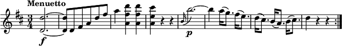 
\relative c'' {
    \version "2.18.2"
    \key d \major 
    \tempo "Menuetto"
    \time 3/4
    \tempo 4 = 160
    <d, d'>2.\f ~ 
    <d d'>8 d8 fis a d fis
    a4 <a, fis'  d'> <a fis'  d'>
    <a e'  cis'> r4 r4
    \grace b16 (b'2.)\p ~ 
    b4 a16 (g8.) fis16 (e8.)
    d16 (cis8.) b16 (a8.) b16 (cis8.)
    d4 r4 r4  \bar ":|."
}
