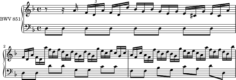 
\version "2.18.2"
\header {
  tagline = ##f
}
upper = \relative c'' {
    \clef treble 
    \key d \minor
    \time 4/4
    \tempo 4 = 56
    \set Staff.midiInstrument = #"harpsichord"
   %% PRÉLUDE CBT I-6, BWV 851, ré mineur
   r8 r16 a16 \tuplet 3/2 { f16[ d a'] } \omit TupletNumber \tuplet 3/2 { f16 d d' } \tuplet 3/2 { bes16[ g bes] } \tuplet 3/2 { g e g } \tuplet 3/2 { e[ cis g'] } \tuplet 3/2 { e cis a' } 
   \omit TupletNumber \tuplet 3/2 { f16 d a' } \tuplet 3/2 { f16[ d a''] } \tuplet 3/2 { f d f } \tuplet 3/2 { d[ a d] } \tuplet 3/2 { bes g d' } \tuplet 3/2 { bes[ g g'] } \tuplet 3/2 { e c e } \tuplet 3/2 { c[ g c] } 
   \omit TupletNumber \tuplet 3/2 { a16 f c' } \tuplet 3/2 { a16[ f f'] } \tuplet 3/2 { d bes d } \tuplet 3/2 { bes[ g g'] } \tuplet 3/2 { e c e } \tuplet 3/2 { c[ a a'] } \tuplet 3/2 { f d f } \tuplet 3/2 { d[ bes bes'] }
}
lower = \relative c {
    \clef bass 
    \key d \minor
    \time 4/4
    \set Staff.midiInstrument = #"harpsichord" 
    \repeat unfold 5 { d8[ d] } d'8 d g,[ g] c c f,[ f] bes g c[ a] d d,
} 
\score {
  \new PianoStaff <<
    \set PianoStaff.instrumentName = #"BWV 851"
    \new Staff = "upper" \upper
    \new Staff = "lower" \lower
  >>
  \layout {
    \context {
      \Score
      \remove "Metronome_mark_engraver"
      %\override SpacingSpanner.common-shortest-duration = #(ly:make-moment 1/3) 
    }
  }
  \midi { }
}
