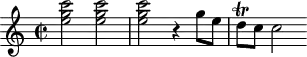 
\header {
  tagline = ##f
}
\score {
  \new Staff \with {
  }
<<
  \relative c'' {
    \key c \major
    \time 2/2
    \override TupletBracket #'bracket-visibility = ##f 
    \autoBeamOff
     %%%%%%%%%%%%%%%%%%%%%%%%%% K19d
    \repeat unfold 3 { < c' g e >2 } r4 g8[ e] d\trill[ c] c2
  }
>>
  \layout {
    \context {
      \remove "Metronome_mark_engraver"
    }
  }
  \midi {}
}
