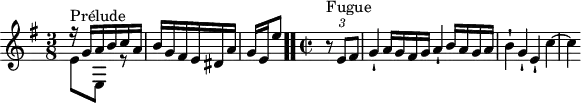 
\version "2.18.2"
\header {
  tagline = ##f
}
\score {
  \new Staff \with {
  }
<<
  \relative c'' {
    \key e \minor
    \time 3/8
	\set Staff.midiInstrument = #"harpsichord" 
    \override TupletBracket.bracket-visibility = ##f
     %% INCIPIT CBT II-10, BWV 879, mi mineur
     << { r16^\markup{Prélude} g a b c a b g fis e dis a' | \once \override Staff.TimeSignature #'stencil = ##f \time 2/8 g16[ e e'8] } \\ { e,8 e, r8 } >> \bar ".." 
     \time 2/2 \partial 4
     s4*0^\markup{Fugue} \tuplet 3/2 { r8 e' fis } g4-! a16 g fis g a4-! b16 a g a b4-! g-! e-! c'4~ c
  }
>>
  \layout {
     \context { \Score \remove "Metronome_mark_engraver" \override SpacingSpanner.common-shortest-duration =
        #(ly:make-moment 1/2) }
  }
  \midi {}
}
