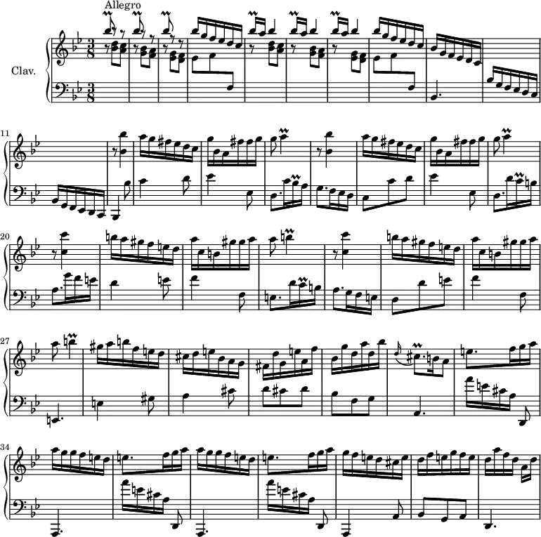 
\version "2.18.2"
\header {
  tagline = ##f
  % composer = "Domenico Scarlatti"
  % opus = "K. 442"
  % meter = "Allegro"
}
%% les petites notes
trillBesqUp     = { \tag #'print { bes'8\prall } \tag #'midi { c32 bes c bes } }
trillBesqqUp    = { \tag #'print { bes'16\prall } \tag #'midi { \times 2/3 { bes32 c bes } } }
trillBesqq      = { \tag #'print { bes16\prall } \tag #'midi { \times 2/3 { bes32 c bes } } }
trillA          = { \tag #'print { a4\prall } \tag #'midi { bes32 a bes a~ a8 } }
trillCqq        = { \tag #'print { c16\prall } \tag #'midi { \times 2/3 { c32 d c } } }
trillCisqp      = { \tag #'print { cis8.\prall } \tag #'midi { d32 cis d cis~ cis16 } }
trillB          = { \tag #'print { b4\prall } \tag #'midi { c32 b c b~ b8 } }
trillBLong      = { \tag #'print { b4\prall } \tag #'midi { c32 b c b~   \tempo 4. = 30 b8   \tempo 4. = 66 } }
upper = \relative c'' {
  \clef treble 
  \key bes \major
  \time 3/8
  \tempo 4. = 66
  \set Staff.midiInstrument = #"harpsichord"
  \override TupletBracket.bracket-visibility = ##f
      s8*0^\markup{Allegro}
      \stemUp \repeat unfold 3 { \trillBesqUp r8 r8 } bes16 g f ees d c | \repeat unfold 3 { \trillBesqqUp a16 bes4 } |
      % ms. 8
      bes16  g f ees d c | bes16  g f ees d c | \stemUp  \change Staff = "lower" bes16  g f ees d c | s4.  \stemNeutral  \change Staff = "upper" 
      % ms. 12
      \repeat unfold 2 { r8 < bes'' bes' >4 | a'16 g fis ees d c | g' bes, a fis' fis g | g8 \trillA }
      % ms. 20
      r8 < c, c' >4 | b'16 a gis f e d | a' c, b gis' gis a | 
      % ms. 23
      a8 \trillB | r8 < c, c' >4 | b'16 a gis f e d | a' c, b gis' gis a | a8 \trillBLong
      % ms. 28
      gis16 a b f e d | cis d e bes a g | fis d' g, e' a, f' | bes, g' d a' d, bes' | \appoggiatura d,16 \trillCisqp b16 a8 | 
      % ms. 33
      \repeat unfold 2 { e'8. f16 g a | a g g f e d } | e8. f16 g a | g f e d cis e | d f e g f e | d[ a' f d] a d |
}
lower = \relative c' {
  \clef bass
  \key bes \major
  \time 3/8
  \set Staff.midiInstrument = #"harpsichord"
  \override TupletBracket.bracket-visibility = ##f
    % ************************************** \appoggiatura a16  \repeat unfold 2 {  } \times 2/3 { }   \omit TupletNumber 
      \repeat unfold 2 { \stemDown \change Staff = "upper" r8 < bes' d >8 < a c > | r8 < g bes >8 < f a > | r8 < ees g >8 < d f > | ees8 f \stemNeutral \change Staff = "lower" f, } |
      % ms. 9
      bes,4. | s4. | bes16 g f ees d c |
      % ms. 12
      bes4 bes''8 | c4 d8 | ees4 ees,8 | d8. c'16 \trillBesqq a16 | g8. f16 ees d  | c8 c' d |
      % ms. 18
      ees4 ees,8 | d8. d'16 \trillCqq b16 | a8. g'16 f e | d4 e8 | f4 f,8 |
      % ms. 23
      e8. d'16 \trillCqq b16 | a8. g16 f e | d8 d' e | f4 f,8 | e,4. | e'4 gis8 |
      % ms. 29
      a4 cis8 | d8 cis d | bes f g | a,4. | \repeat unfold 2 { a''16[ e cis a] d,,8 | a4. } a'''16[ e cis a] d,,8 |
      % ms. 38
      a4 a'8 | bes g a | d,4.
}
thePianoStaff = \new PianoStaff <<
    \set PianoStaff.instrumentName = #"Clav."
    \new Staff = "upper" \upper
    \new Staff = "lower" \lower
  >>
\score {
  \keepWithTag #'print \thePianoStaff
  \layout {
      #(layout-set-staff-size 17)
    \context {
      \Score
     \override SpacingSpanner.common-shortest-duration = #(ly:make-moment 1/2)
      \remove "Metronome_mark_engraver"
    }
  }
}
\score {
  \keepWithTag #'midi \thePianoStaff
  \midi { }
}
