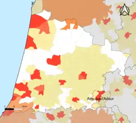 Localisation de l'aire d'attraction d'Aire-sur-l'Adour dans le département des Landes.