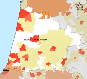 Localisation de l'aire d'attraction de Morcenx-la-Nouvelle dans le département des Landes.