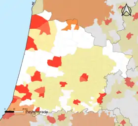 Localisation de l'aire d'attraction de Peyrehorade dans le département des Landes.