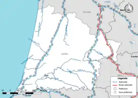 Carte du réseau routier national (autoroutes et routes nationales) dans le département des Landes