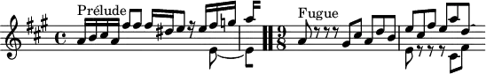 
\version "2.18.2"
\header { 
  tagline = ##f
}
\score {
  \new Staff \with {
  }
<<
  \relative c'' {
    \key a \major
    \time 4/4
     %% INCIPIT CBT I-5, BWV 850, ré majeur
     << { s4*0^\markup{Prélude} a16 b cis a fis'8 fis fis16 dis e8 r16 e fis g | \once \override Staff.TimeSignature #'stencil = ##f \time 1/8
{ 
 % suppression des warnings :
 #(ly:set-option 'warning-as-error #f)
 #(ly:expect-warning (_ "stem does not fit in beam")) %% <= à traduire éventuellement
 #(ly:expect-warning (_ "beam was started here")) %% <= à traduire éventuellement
  \set stemRightBeamCount = #2
  a4*1/4[ s]
} } \\ { s2 s4. e,8~ 
{ 
 % suppression des warnings :
 #(ly:set-option 'warning-as-error #f)
 #(ly:expect-warning (_ "stem does not fit in beam")) %% <= à traduire éventuellement
 #(ly:expect-warning (_ "beam was started here")) %% <= à traduire éventuellement
  \set stemRightBeamCount = #1
  e4*1/4[ s]
} } >> \bar ".."
    \time 9/8
     << { s4*0^\markup{Fugue} a8 d8\rest d8\rest d8\rest gis,8 cis a d b e cis fis e a d,~ \hideNotes d } \\ { s4.*3 e,8 r8 r8 r8 cis8 fis } >>
  }
>>
  \layout {
     \context { \Score \remove "Metronome_mark_engraver" 
     \override SpacingSpanner.common-shortest-duration = #(ly:make-moment 1/2) 
}
  }
  \midi {}
}
