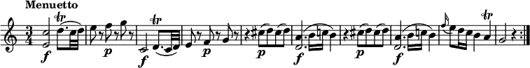 
\relative c'' {
    \version "2.18.2"
    \key c \major
    \time 3/4
    \tempo "Menuetto"
   <e, c'>2\f d'8. \trill (c32 d)
   e8  r8 f \p r8 g r8
   c,,2\f d8.  \trill (c32 d)
   e8 r8 f\p r8 g r8
   r4 cis8 \p (d) cis (d)
   << {d,2.} {a'4.\f (b16 c! b4)}>>
   r4 cis8 \p (d) cis (d)
   << {d,2.} {a'4.\f (b16 c! b4)}>>
   \grace f'16 (e8) d16 c b4 a\trill
   g2 r4 \bar ":|."
  }
