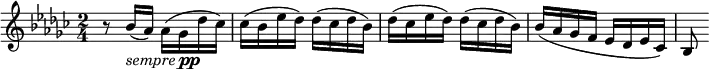 
<<
\relative c'' {
    \version "2.18.2"
    \key ges \major
    \time 2/4
    \tempo ""
    r8 bes16(_\markup { \italic sempre \dynamic pp } aes) aes( ges des' ces)
        ces( bes es des) des( ces des bes)
        des( ces es des) des( ces des bes)
        bes( aes ges f es des es ces)
        bes8
}
>>
