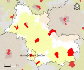 Localisation de l'aire d'attraction de Montrichard Val de Cher dans le département de Loir-et-Cher.