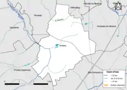 Carte en couleur présentantle réseau hydrographique de la commune