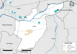 Carte en couleur présentantle réseau hydrographique de la commune