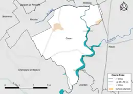 Carte en couleur présentantle réseau hydrographique de la commune