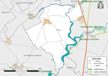 Carte des ZNIEFF de type 1 localisées sur la commune.