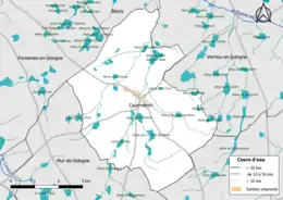 Carte en couleur présentantle réseau hydrographique de la commune